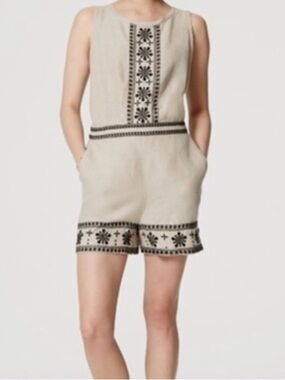 LOFT 100% Linen Embroidered Sleeveless Romper Size 14 Boho Beige Black Pockets